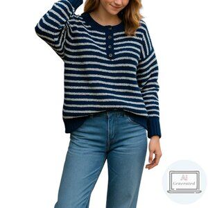 American Eagle AEO Womens Jegging Fit Henley Sweater Blue Stripe Oversize Size S